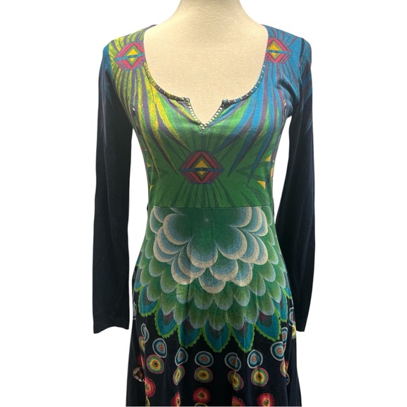 Desigual Blue Print Cotton Blend Long Sleeve Split Neck Boho Dress Women Medium - Picture 2 of 13